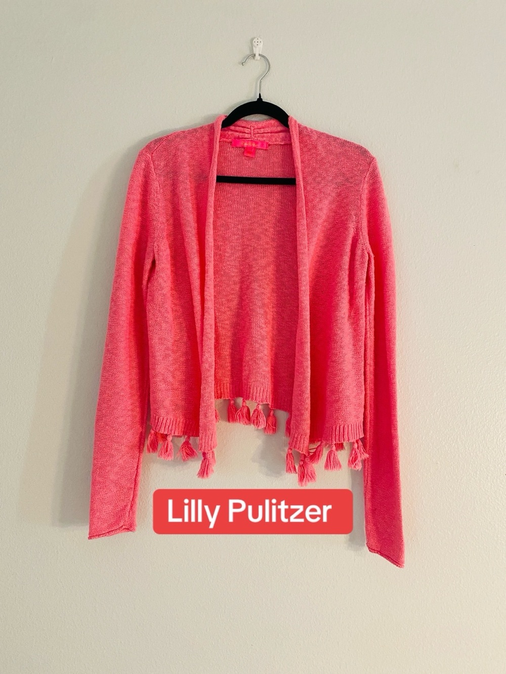 Lilly Pulitzer Coral Pink Tassel Open-Front Cardigan